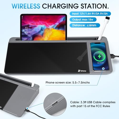 Varhomax Glass Desk Whiteboard with Wireless Charger, Desktop Organizer