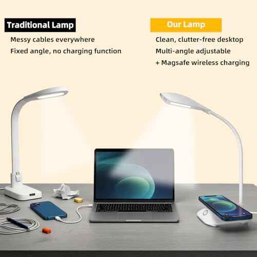 Desk Lamp with Wireless Charger College Dorm Home Office Bedside White