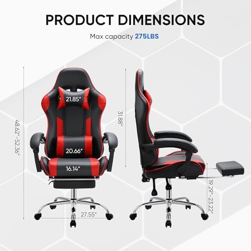 NEWBULIG Computer Gaming Desk Chair - High Back Ergonomic Lumbar Support with Footrest and Headrest, Comfy PU Leather Recliner with Linkage Armrest, Height Adjustable and 360° Swivel, Red