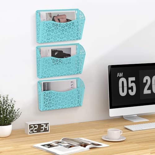 EasyPAG 3 Single Wall Mount File Organizer Vertical Metal Wall Pocket File Holder for Office, Home, School, Blue