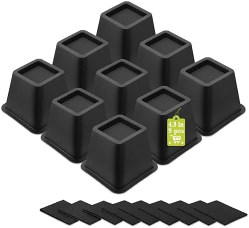9 Pack Furniture Risers 4 Inch, Bed Risers Heavy Duty for Table Desk Couch Chair Sofa Cabinet Bed Frame Dorm, Square Table Leg Risers Lift Height 4.3", Black