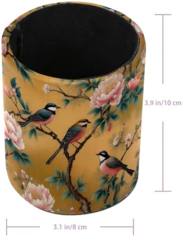 Leather Pen Holder for Desk, Peony Bird Pencil Cup Pen Organizer Makeup Brush Holder for Office Home Kids Countertop Desk Accessory Storage