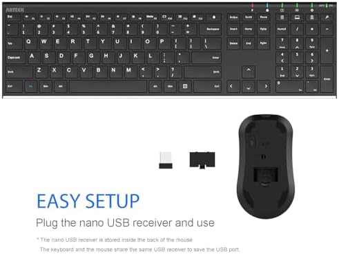 Arteck 2.4G Wireless Keyboard and Mouse Combo Stainless Steel Ultra Slim Full Size Keyboard and Ergonomic Mice for Computer Desktop PC Laptop and Windows 10/8/7 Build in Rechargeable Battery