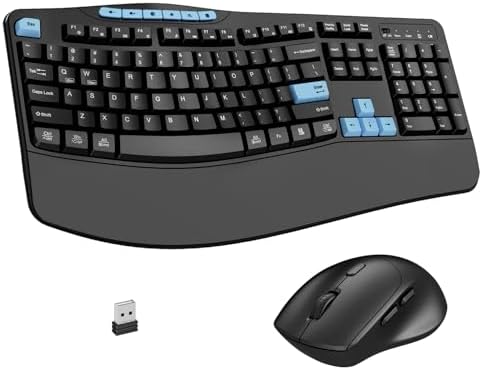 Wireless Keyboard and Mouse Combo, 2.4G Ergonomic Wave Keys(Blue Black)