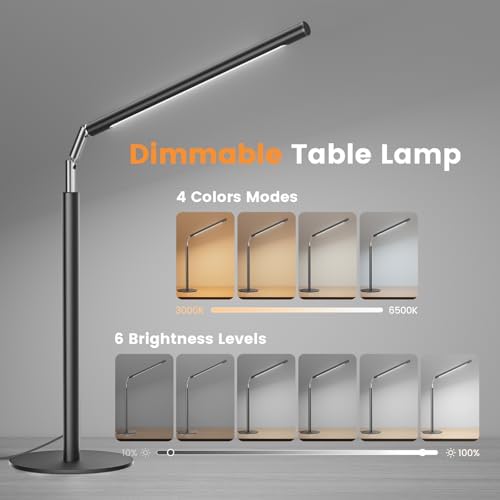 SIBRILLE Metal LED Desk Lamp, 16" Dimmable Desk Light with Base, 15W 1200LM, Adapter Included, Color & Brightness Adjustable, Modern Tall Table Lamp for Home Office Reading Study Task Laptop, Black