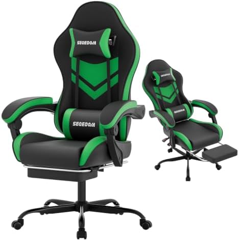Gaming Chair with Footrest & Massage Lumbar Support, PU Leather Ergonomic High Back Swivel Height Adjustable Chair for Adults, Office Gaming, 300 lbs (Black Green)