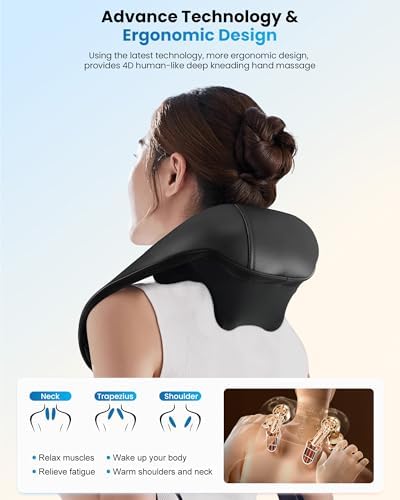 COMFIER Shiatsu Neck Massager with Heat - Cordless 4D Neck and Shoulder Massager for Pain Relief Deep Tissue, Graphene Heating, Trapezius Muscle Relaxer Massage Pillow,Ink Black