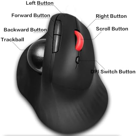 Dual Mode Wireless Vertical Computer Trackball Mouse, Ergonomic Bluetooth Thumb-Control Mouse with Quiet Clicks Ergonomic Design Adjustable CPI ,Built-in 500mAh Battery Rechargeable for PC/Mac/Laptop