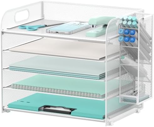 5-Tier Paper Organizer for Desk with Pen Holders, Letter Trays, White