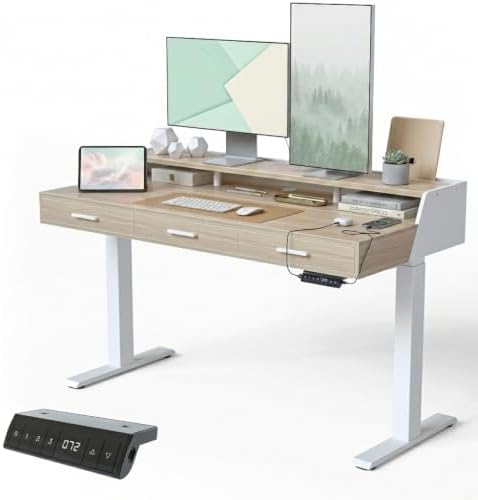 CubiCubi One-Piece Standing Desk 55x26 with 3 Wood Drawers, Pale Walnut