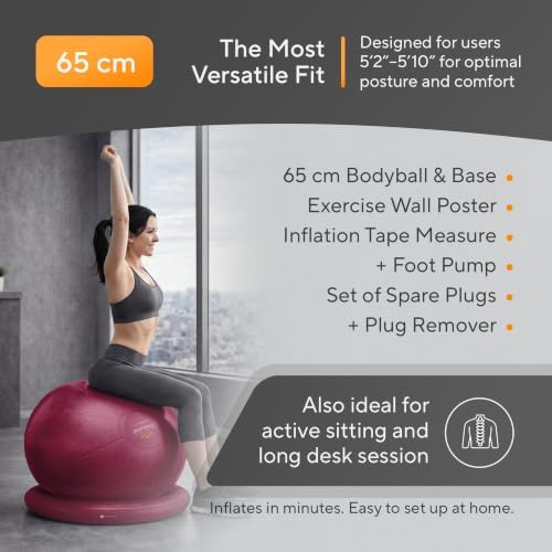 Yoga Ball Chair for Office Desk with Base - Ergonomic Balance & Stability Exercise Ball Seat for Adults - Active Sitting for Posture, Core & Back Pain Relief, Home Gym, Therapy, Pump