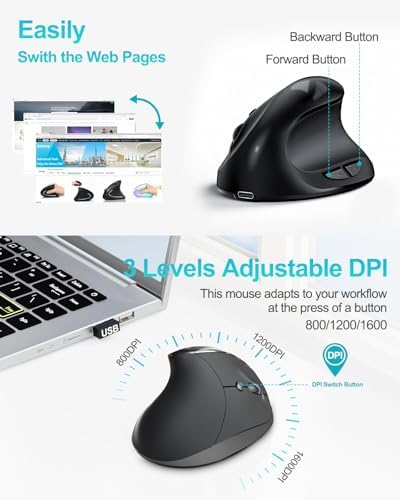 Lekvey Ergonomic Mouse, Rechargeable Wireless Mouse for Small Hands, Black