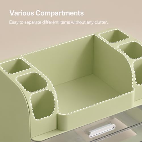 HBlife Desk Organizer with Pencil Pen Holder for Desk, Pen Organizer with 2 Drawers, Desk Organizers and Accessories with Compartments, Desktop Storage for Office, Home, School, Art Supplies, Green