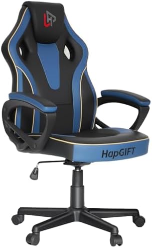 HapGIFT Gaming Chair for Adults, PU Leather Computer Gaming Chair with Link Armrest, Racing Style Gamer Chair, Height Adujustable Ergonomic Swivel PC Office Chair for Home, 300lbs (BLACK BLUE)