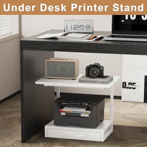 YAOHUOO 2-Tier Desktop Printer Stand with Fabric Drawer,19.6"x14.9" White