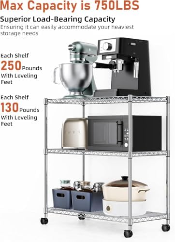 Simple Deluxe Heavy-Duty 3-Tier Rolling Shelving Unit, Adjustable Steel Wire Shelf, 24.02" W x 13.78" D x 29.92" H, 750 lbs Capacity, Chrome Metal Storage Rack for Kitchen