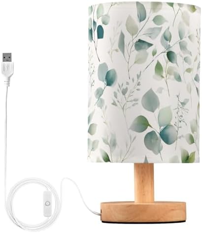ALAZA Eucalyptus Leaves White Bedside Table Lamp with USB Port for Bedroom Nightstand Office Desk LED Bulb Included
