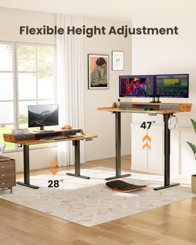 ErGear Electric Standing Desk with Drawers, 63″ x 28″ Gaming Table Compatible Monitor Stand, Stand up Desks, Home Office Height-Adjustable Desk with Storage Shelf, 4 Preset Heights, Vintage Brown