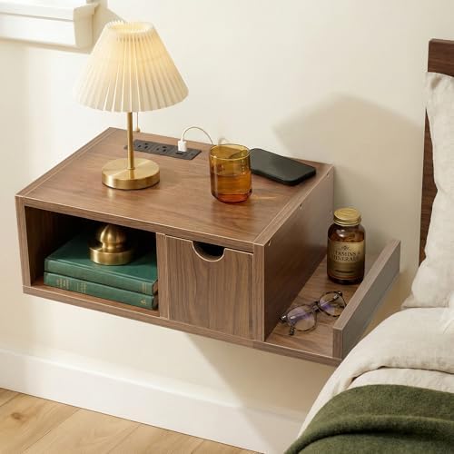 Afuly Walnut Floating Nightstand with Charging Station Narrow Bedside Table