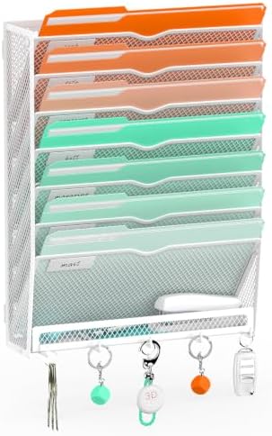 Wall File Holder Hanging Wall File Organizer, Wall Mount Mail Holder and Paper Organizer with Bottom Shelf & 5 Hooks for Office Home School (8-Tier White)