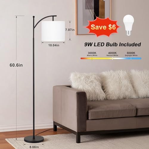 Ambimall 60" Floor Lamp with 3 Color Temperatures, Adjustable White Shade, Black Pole - Tall Lamp for Living Room, Bedroom, Office, Classroom, Dorm - 9W Bulb Included
