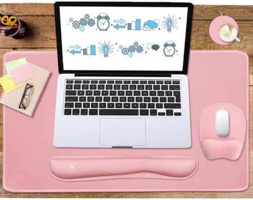 Keyboard Wrist Rest Large Mouse Pad Wrist Support for Computer, 4 in 1 Memory Foam Keyboard Pad Desk Mat Ergonomic Hand Rest Wrist Cushion for Home Office Gaming-Pink