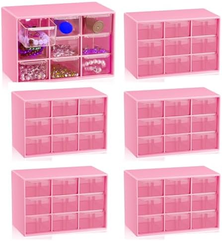 6 Pcs Small Drawer Organizer for Desk, Mini Desktop Drawer Organizer with 9 Clear Drawers, Plastic Desktop Craft Storage Box for Desk Office School Home 7.1" x 3. 8" x 4.6" (Pink)