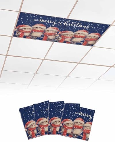 Christmas Blue Magnetic Fluorescent Light Covers for Ceiling Lights 2 x 4 Feet,Vintage Owl Snowflakes Watercolor Grey Office Classroom Kitchen Drop Ceiling Light Covers Filters Shade Panel 4 Packs
