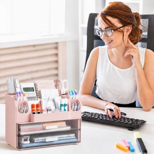 HBlife Desk Organizer with Pencil Pen Holder for Desk, Pen Organizer with 2 Drawers, Desk Organizers and Accessories with Compartments, Desktop Storage for Office, Home, School, Art Supplies, Pink
