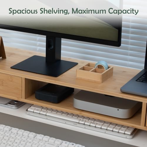 Bamboo Dual Monitor Stand, Natural Desk Shelf with 2 Drawers