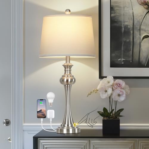 28.75" Silver Table Lamps for Living Room,Touch Lamps for Bedrooms Bedside Lamp 3-Way Dimmable Touch Control, Modern Silver Nightstand Lamp Fabric Shade Mid Century Accent Style（Bulb Inclued）