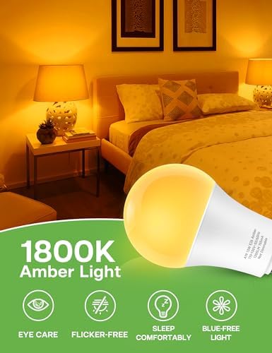 Amber Sleep Light Bulbs 2 Pack: 13W 1800K, 100W Equivalent, E12,A19