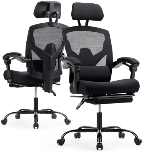 Ergonomic Office Chair with Footrest, High Back Home Desk Computer Chair with Lumbar Support & Headrest, 90-135° Reclining Mesh Back with Wheels for Work, Gaming, Black