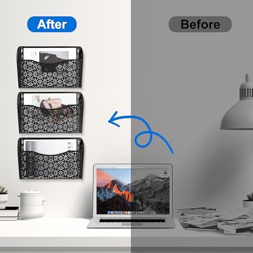 EasyPAG 3 Pack Hollow Design Wall-Mounted File Organizer - Heavy Duty Metal, Vertical Space Saving, Letter Size Single Pocket Holder for Office, Home, School, Black