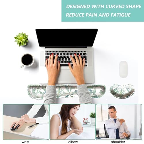 Keyboard Wrist Rest Mouse Wrist Support Set, Memory Foam Wrist Rest Pad for Computer Laptop Keyboard Mouse, Ergonomic Wrist Cushion Support for Typing Pain Relief, Gaming Home Office, Green Leaves