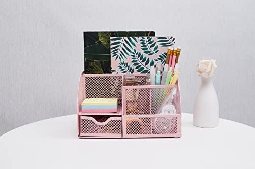 Annova Mesh Desk Organizer Office with 7 Compartments + Drawer/Desk Tidy Candy/Pen Holder/Multifunctional Organizer (Light Pink)
