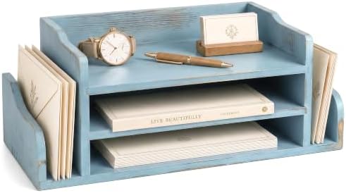 Wood Desk Organizer:File Organizer with 3-Tier Shelf for Office Desk, Blue