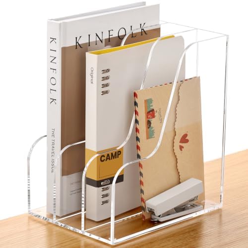 SANRUI Clear Vertical Magazine File Holder, Acrylic Desk Organizer and Storage Bins Holding for Magazines Binders, Notebooks, Envelopes A4 Folder Binder Holders Sorter, 3 Compartments