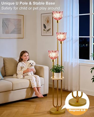 Lightdot Flower Glass Floor Lamp with Shelf Red Floral Gold Floor Lamps