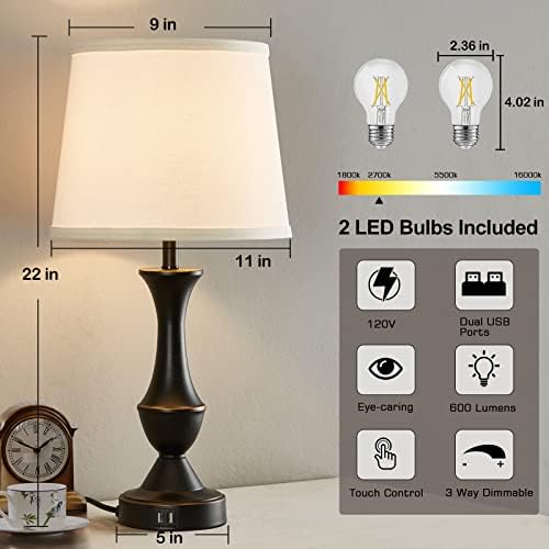 Touch Table Lamps Set of 2, 22" Tall Bedside Lamps with USB C+A Ports