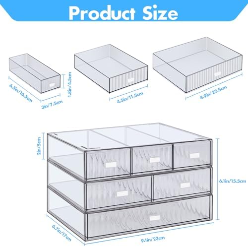 3 Tier Stackable Desk Organizer with 6 Drawers, YOCOMEY Plastic Desktop Storage Box Drawers, Detachable Makeup Storage Office Stationery Supplies Organizer for Office School(Clear)