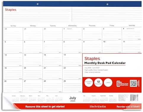 Staples 2026-2027 Academic Monthly Desk Pad Calendar, 21.75x17 In