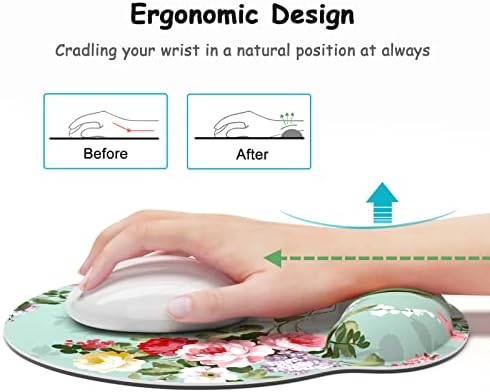 Ergonomic Mouse Pad with Wrist Support, Floral Memory Foam Wrist Rest Mouse Pads, Cute Computer Laptop Office Accessories Decor, Pain Relief Mousepad for Gaming Work Women Girls, Green Flower