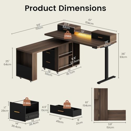 ModernMate L Shaped Standing Desk with 360° Rotating Cabinet, Black Walnut