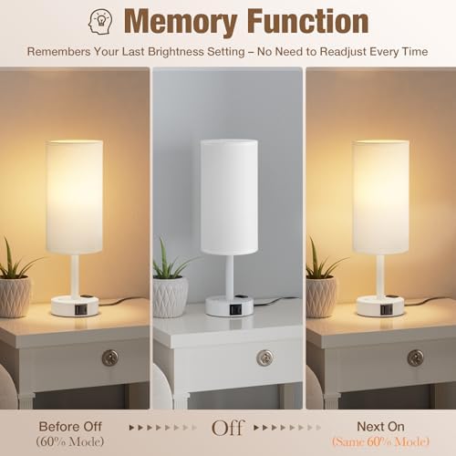 White Touch Bedside Lamp for Bedroom, Stepless Dimmable, USB A+C, AC Outlet
