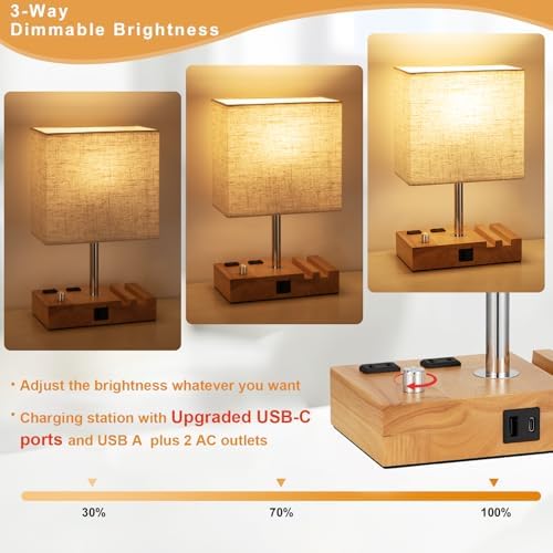 Wood Grain Table Lamp for Bedroom, Stepless Dimmable, USB C+A, 2 AC Outlets