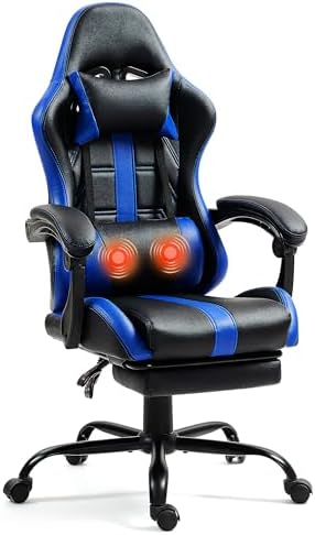 Gaming Chair with Ergonomic Footrest & Massage Lumbar Support, Blue