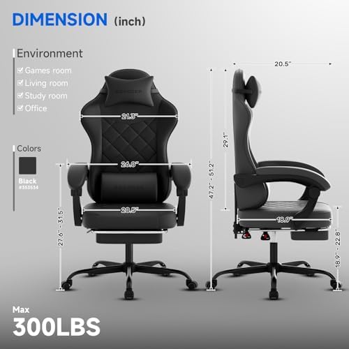 Gaming Chair with Footrest, Ergonomic Leather Computer Chair with Lumbar Support, Height Adjustable High Back Swivel Office Chair for Adults, Gamer Chair for Gaming, Working,Black