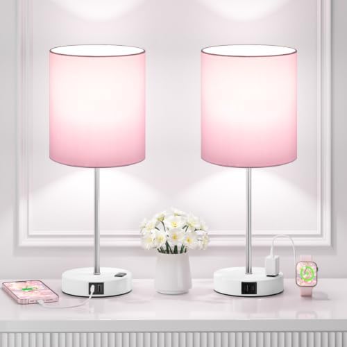 17.6" Pink Touch Lamps for Bedroom Set of 2 - Dimmable, USB C+A, AC Outlet