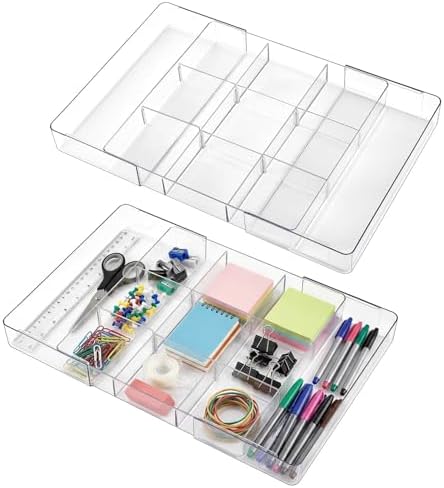 Briwooody 2 Pcs Expandable Drawer Organizer, Transparent, 11 Compartments